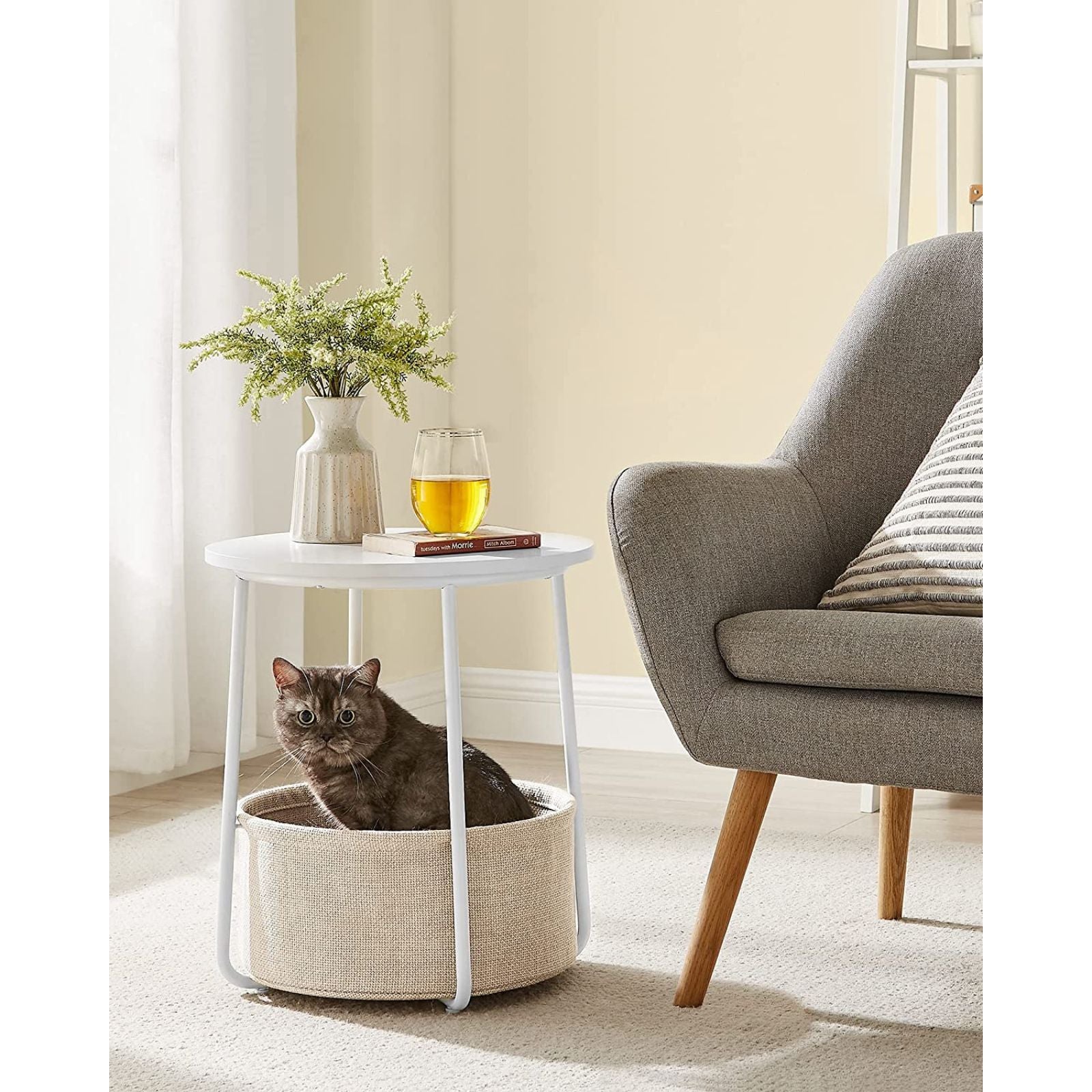 VASAGLE Small Round Side End Table with Fabric Basket White and Beige