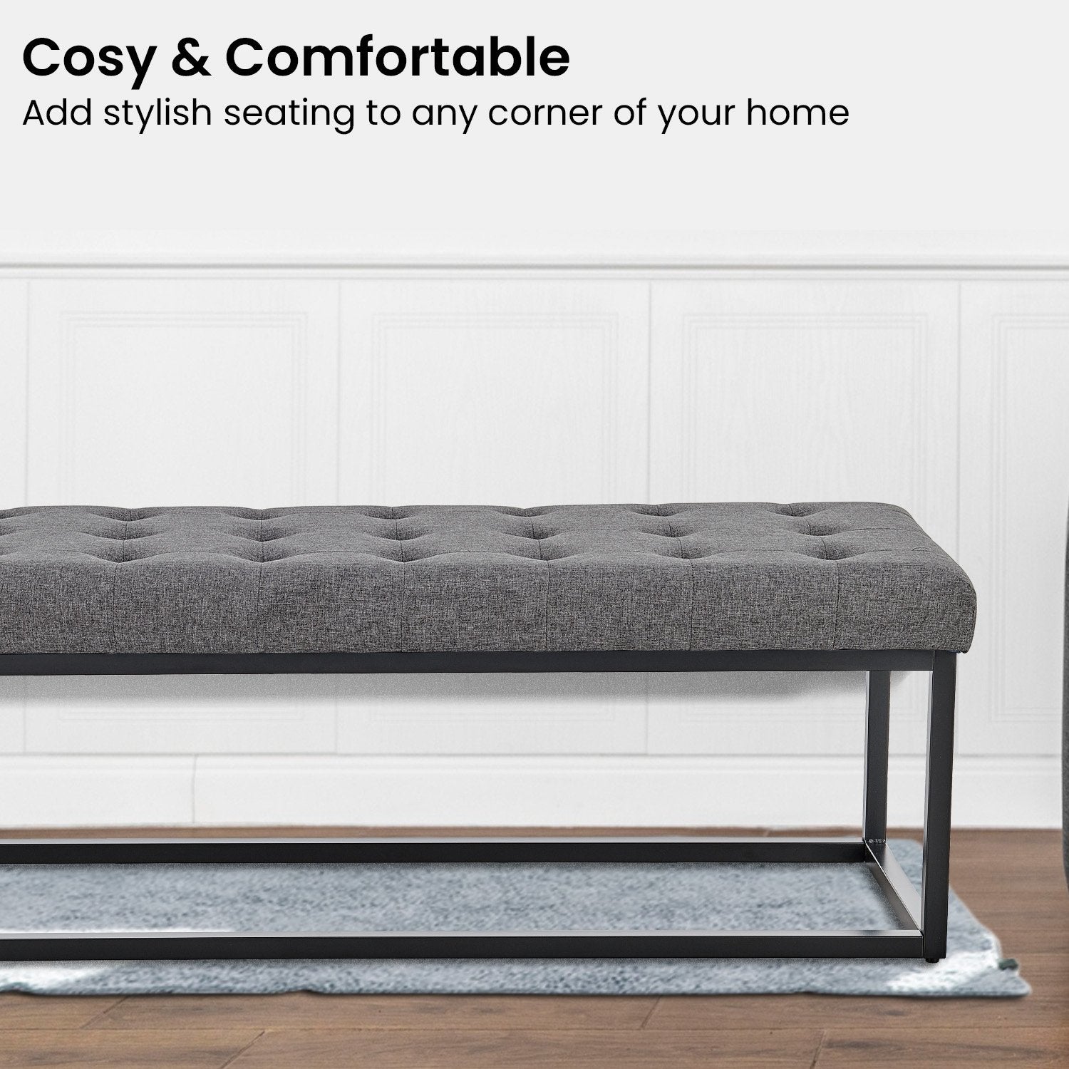 Sarantino Cameron Button-tufted Upholstered Bench With Metal Legs - Dark Grey Linen