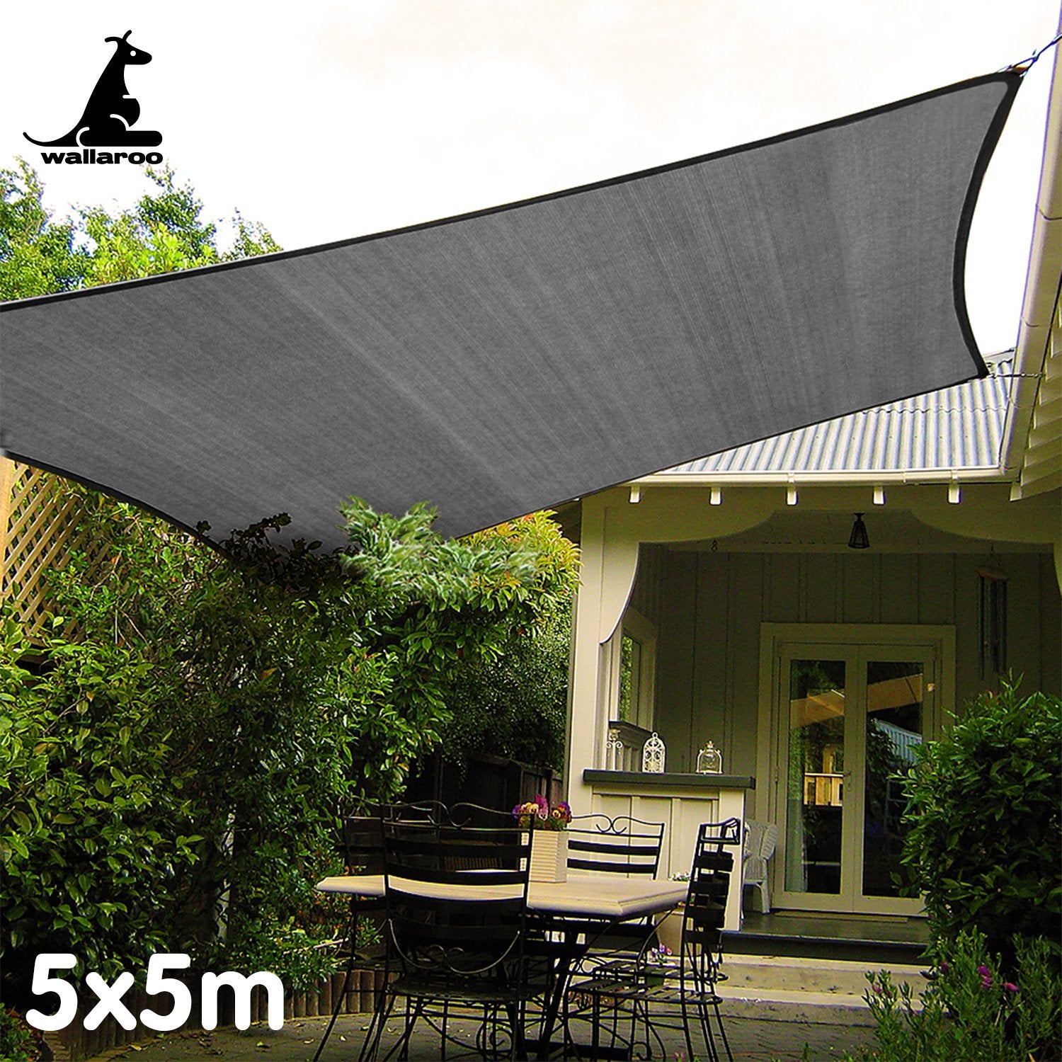 Wallaroo Outdoor Sun Shade Sail Canopy Grey Square 5 x 5M