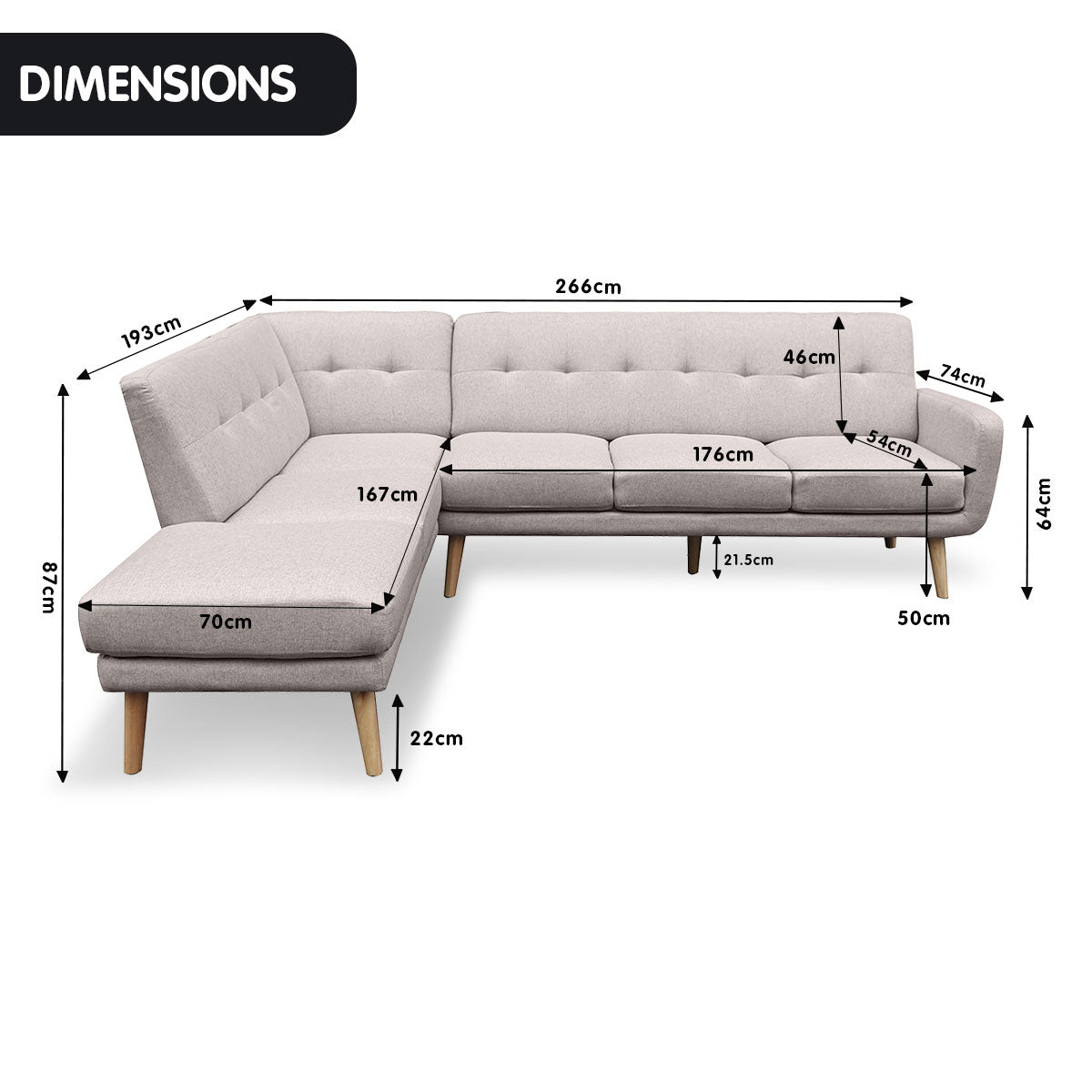 Sarantino Faux Linen Corner Sofa Lounge L-shaped Chaise Light Grey