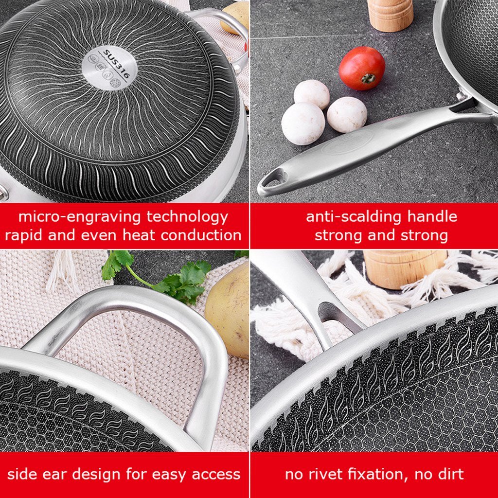 316 Stainless Steel 32cm Non-Stick Stir Fry Cooking Kitchen Wok Pan without Lid Honeycomb Double Sided