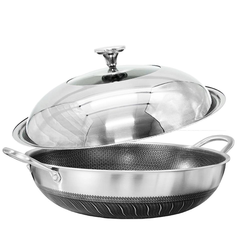 304 Stainless Steel 34cm Non-Stick Stir Fry Cooking Double Ear Kitchen Wok Pan with Lid Honeycomb Double Sided