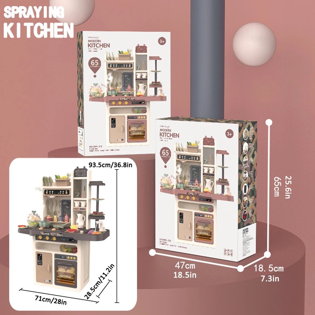65pcs 93cm Children Kitchen Kitchenware Play Toy Simulation Steam Spray Cooking Set Cookware Tableware Gift Grey Color
