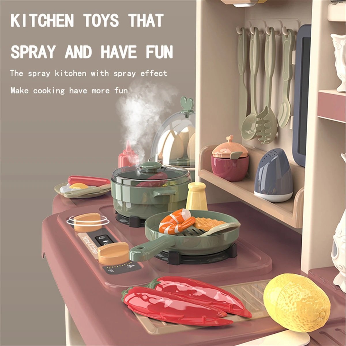 65pcs 93cm Children Kitchen Kitchenware Play Toy Simulation Steam Spray Cooking Set Cookware Tableware Gift Grey Color