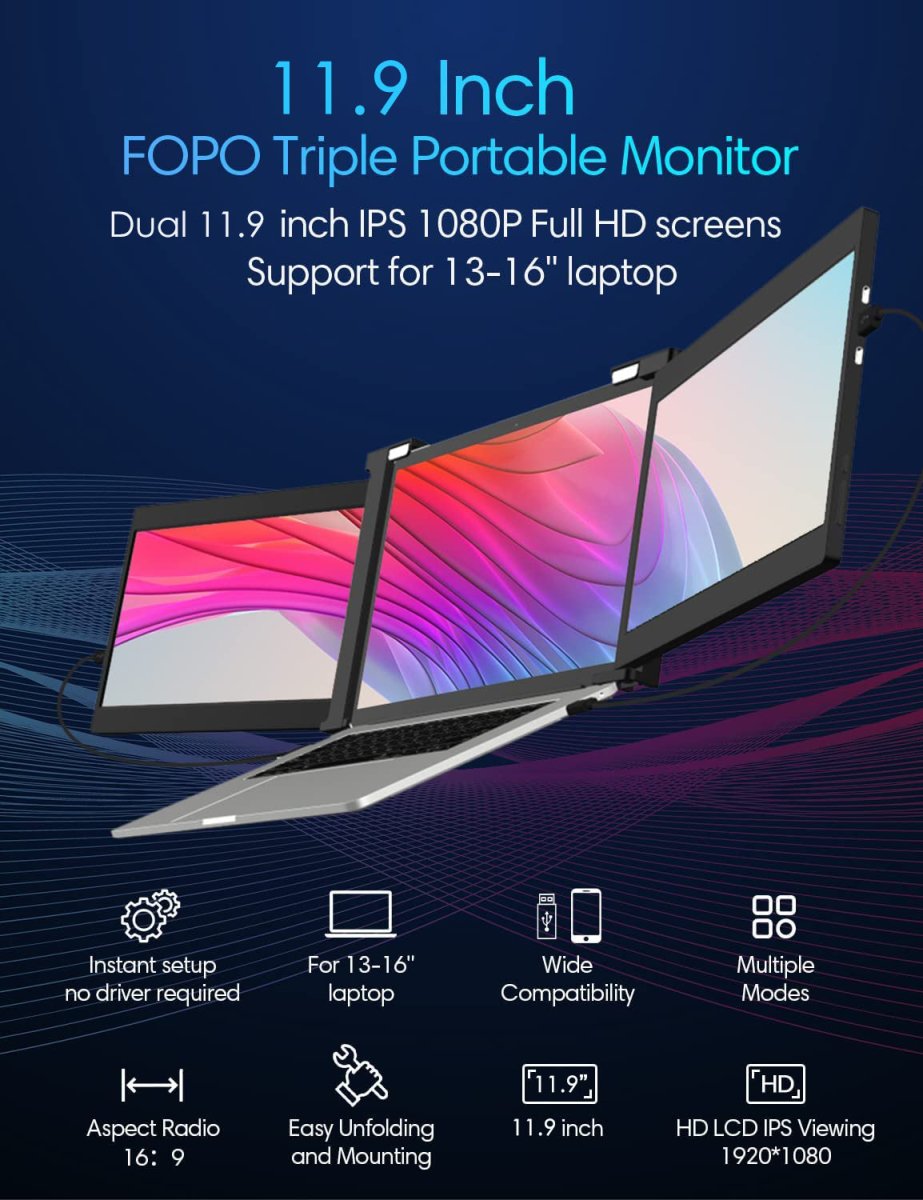11.9 Inch Triple Portable Monitor 2022 FOPO 1080P FHD IPS Attachable Triple Monitor Extender, Triple Screen for Laptop of 13"-16" Compatible with Windows/Mac/Switch/Xbox Connect with USB-C/HDMI