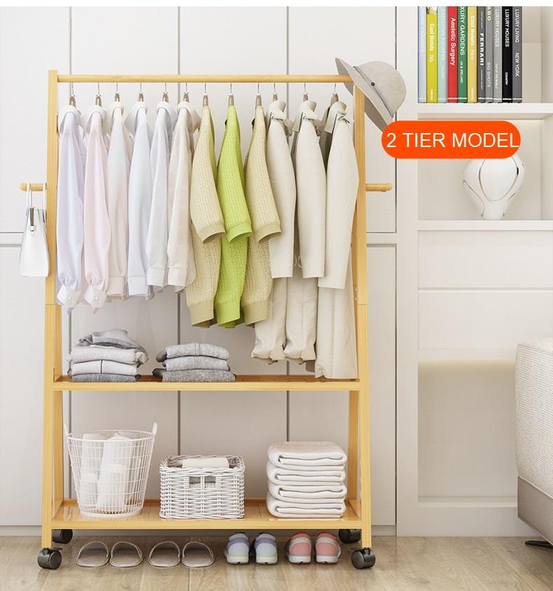 Rail Bamboo Clothes Rack Garment Hanging Stand 2 Tier Storage Shelves Closet 70cm