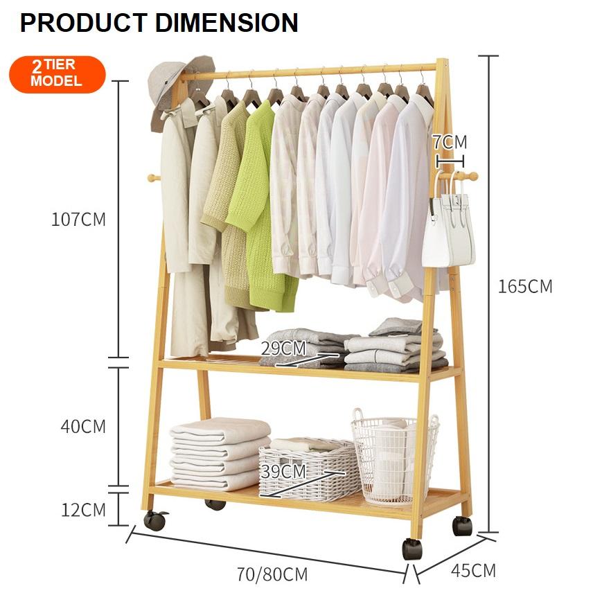 Rail Bamboo Clothes Rack Garment Hanging Stand 2 Tier Storage Shelves Closet 70cm