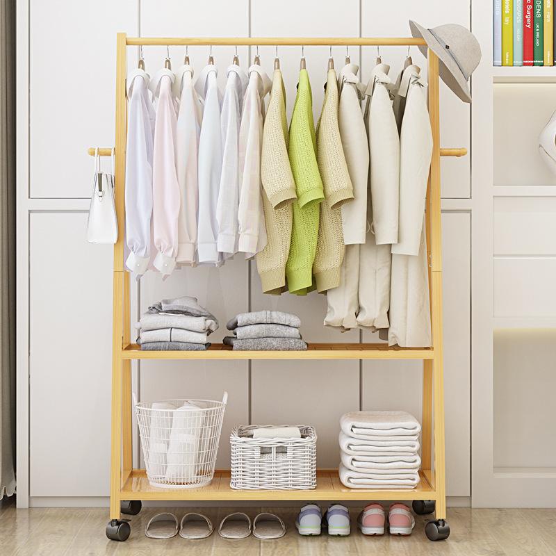 Rail Bamboo Clothes Rack Garment Hanging Stand 2 Tier Storage Shelves Closet 80cm