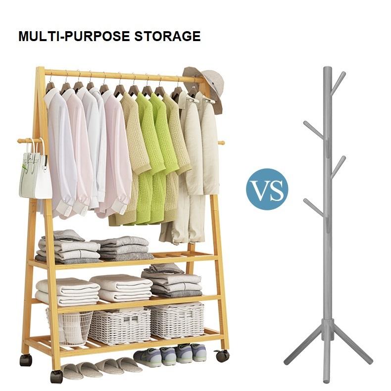 Rail Bamboo Clothes Rack Garment Hanging Stand 2 Tier Storage Shelves Closet 80cm