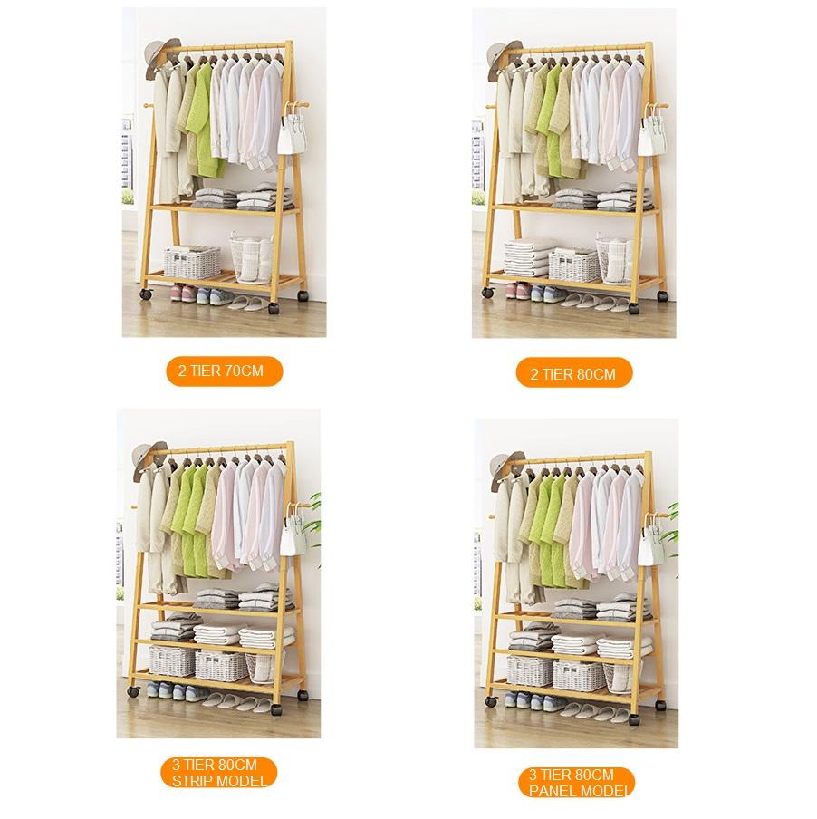 Rail Bamboo Clothes Rack Garment Hanging Stand 2 Tier Storage Shelves Closet 80cm