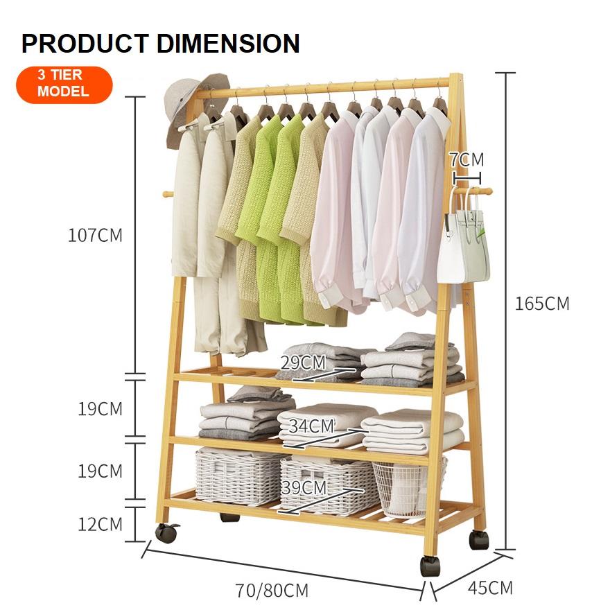 Rail Bamboo Clothes Rack Garment Hanging Stand 3 Tier Storage Shelves Closet 80cm