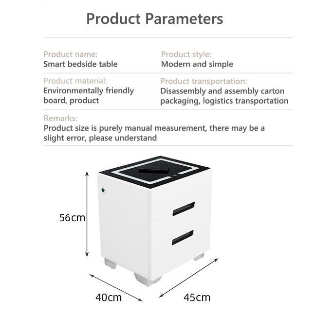 Smart Bedside Tables Side 3 Drawers Wireless Charging Nightstand LED Light USB Left Hand Connection