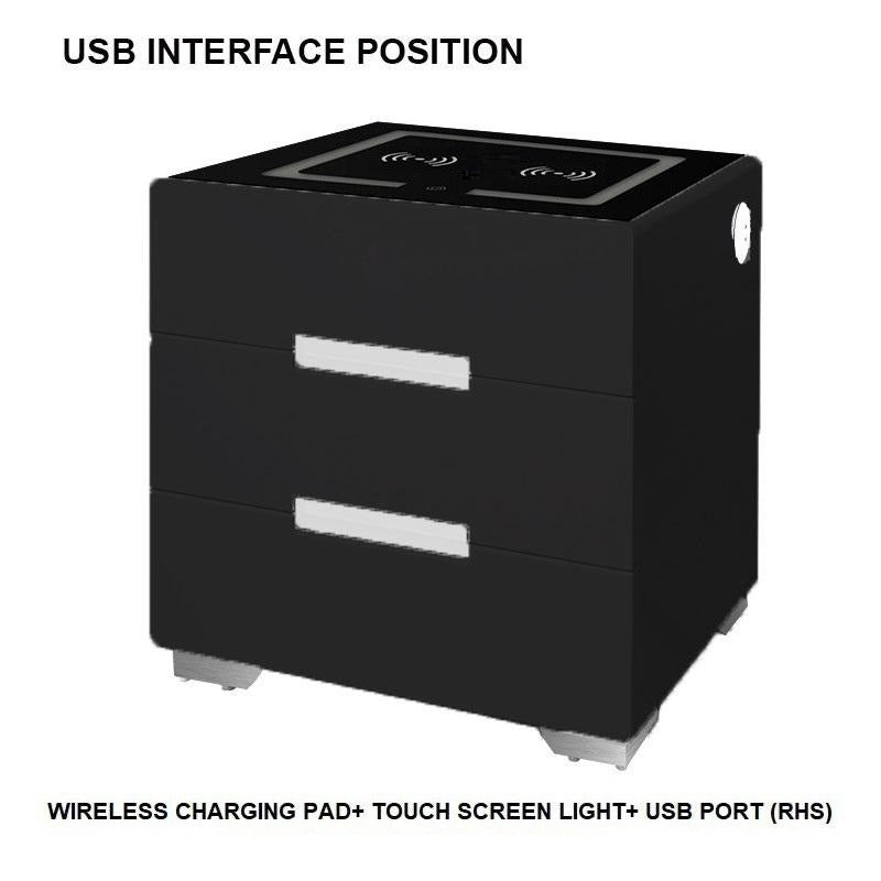 Smart Bedside Tables Side 3 Drawers Wireless Charging USB Left Hand Nightstand LED Light AU