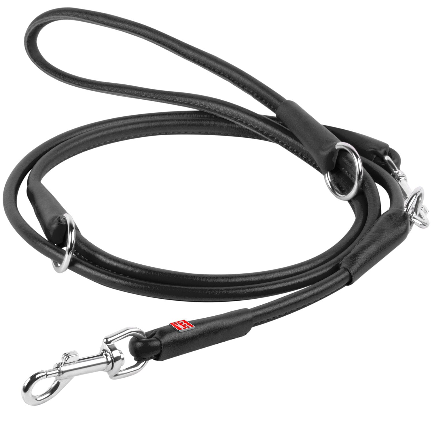 Waudog Black Leather Round Adjustable Clip Leash W10MM-L183CM