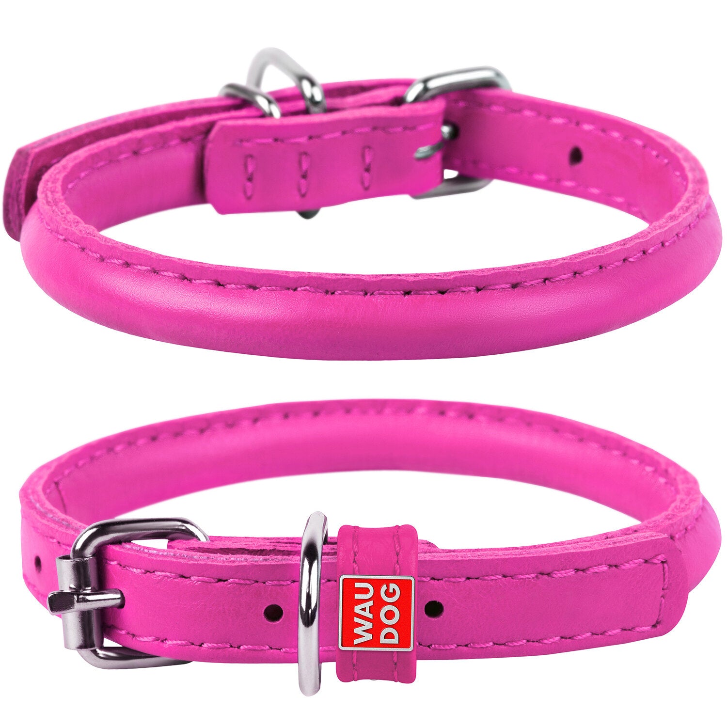 Waudog Leather Round Dog Collar  33-41CM PINK