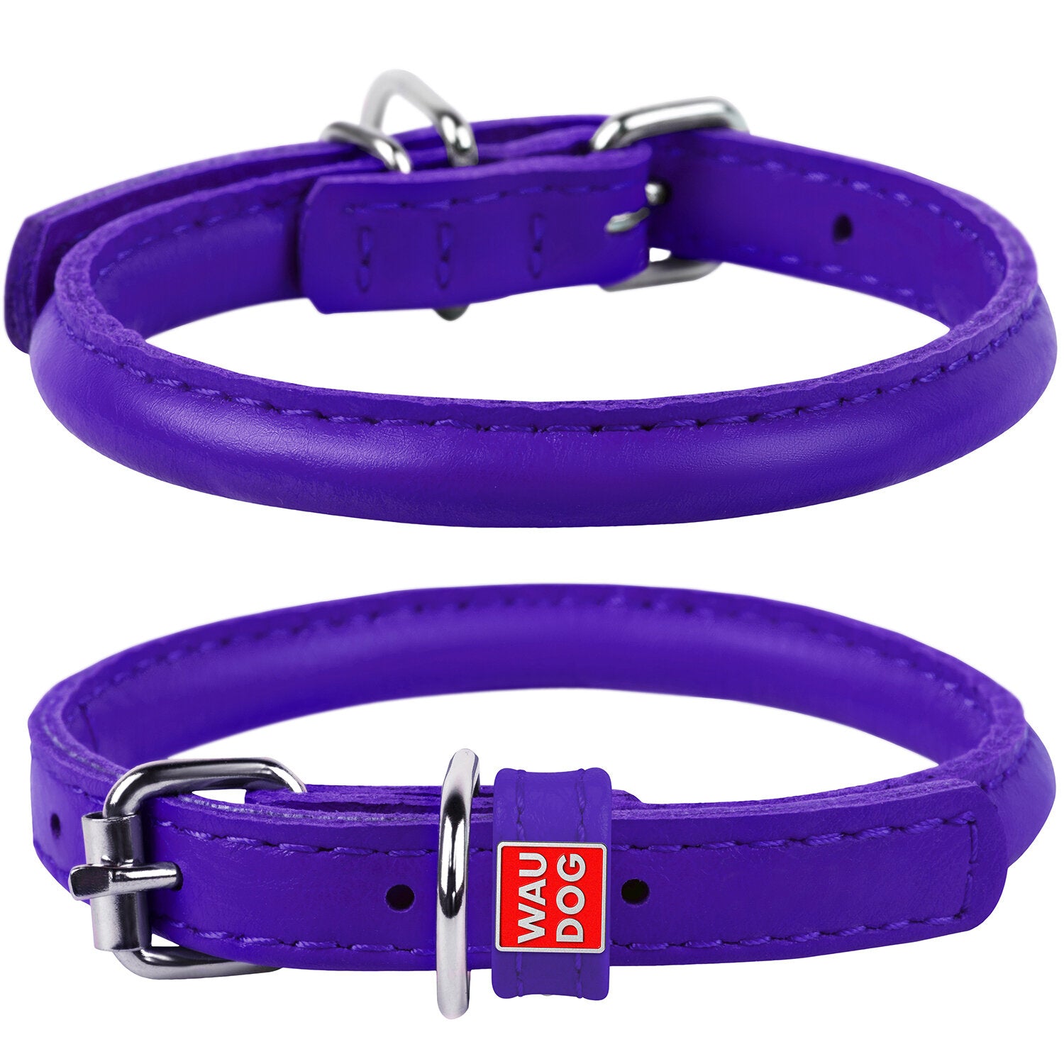 Waudog Leather Round Dog Collar  33-41CM PURPLE