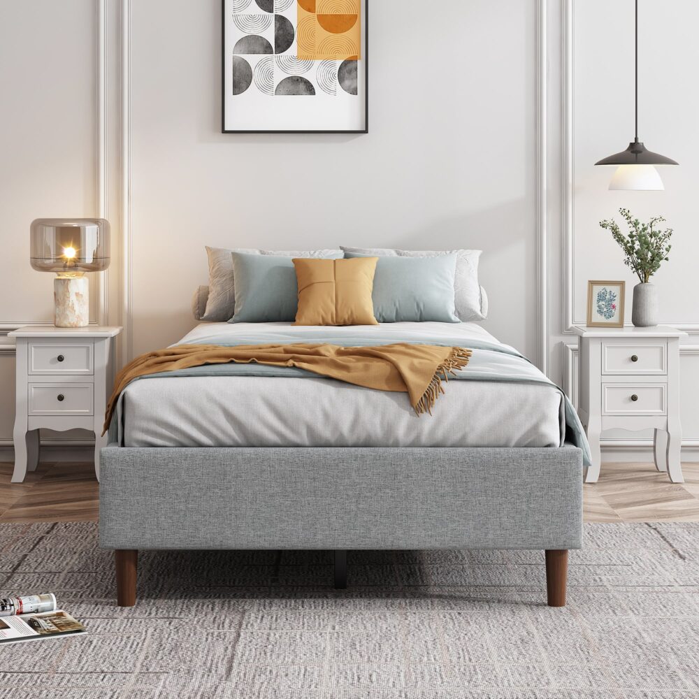 Bedframe with Wooden Slats (Light Grey) &#8211; Queen