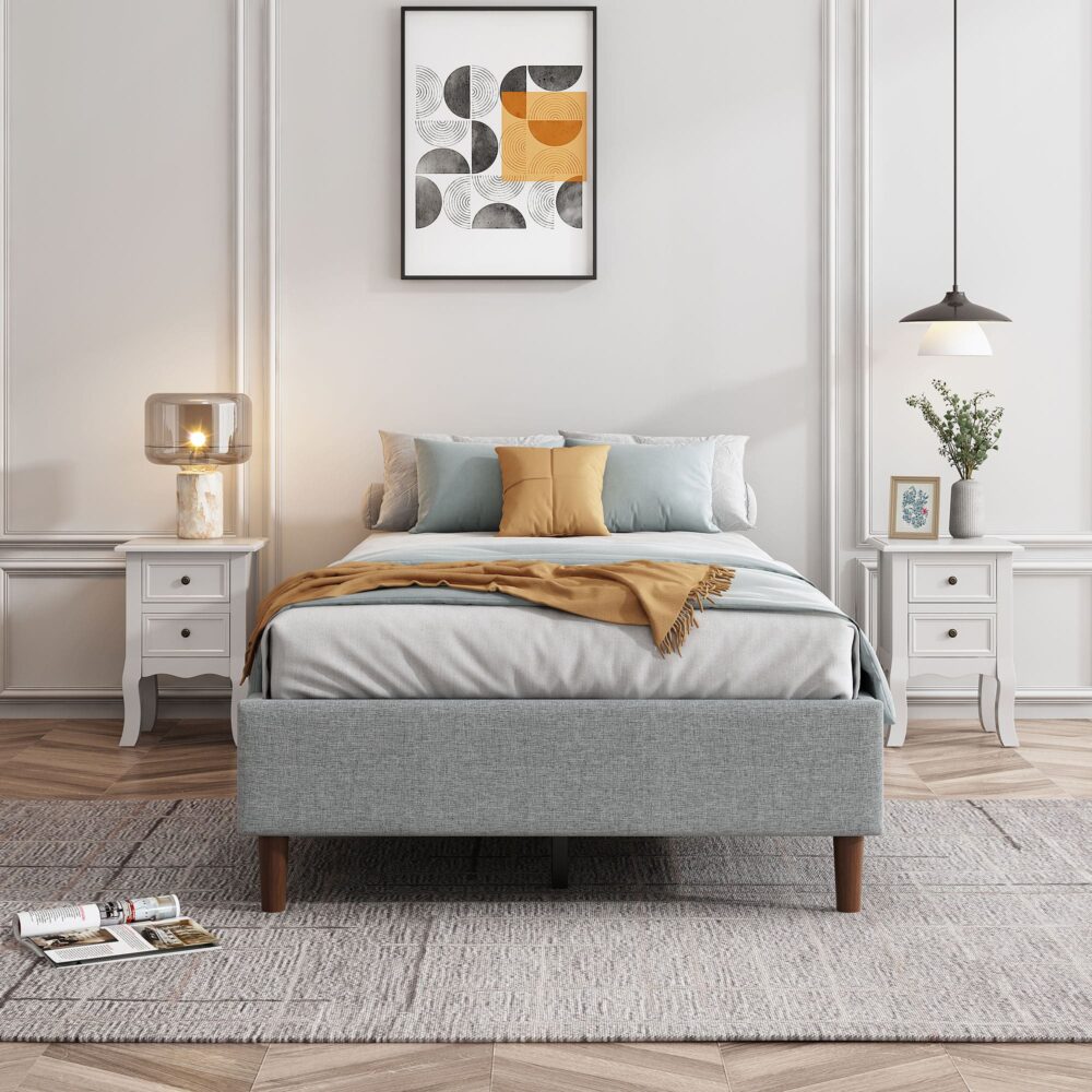 Bedframe with Wooden Slats (Light Grey) &#8211; Queen