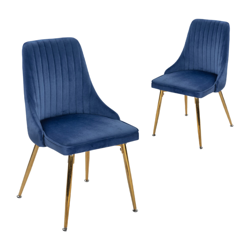 Viva Forever Set of 2 Blue Velvet Dining Chairs – Art Deco Design with Gold Metal Legs