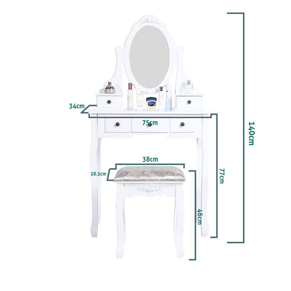 Carved Dressing Vanity Table Set with Mirror &#038; Stool- White