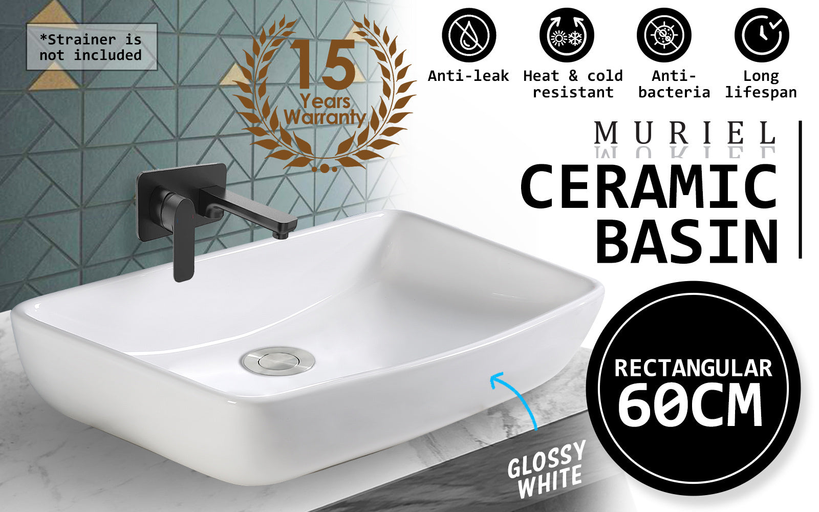 Muriel 60 x 38x 12cm White Ceramic Bathroom Basin Vanity Sink Above Counter Top Mount Bowl