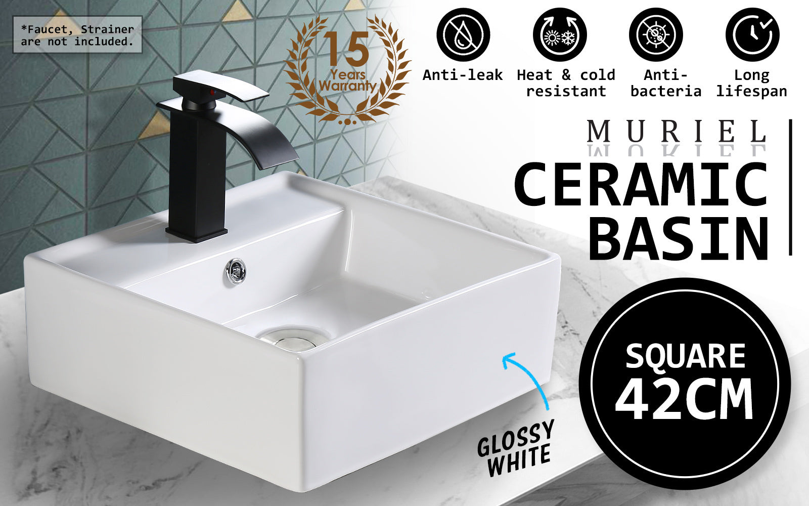 Muriel 42 x 42 x 15cm White Ceramic Bathroom Basin Vanity Sink Square Above Counter Top Mount Bowl