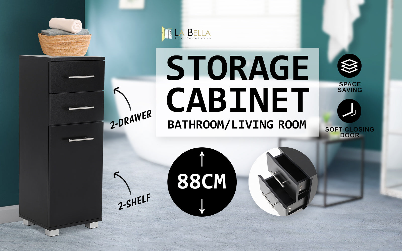 La Bella 88cm Black Bathroom Storage Cabinet Drawer Tall Slim