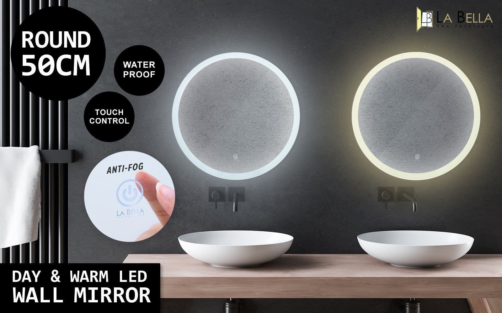 2 Set La Bella LED Wall Mirror Round Touch Anti-Fog Makeup Decor Bathroom Vanity 50cm