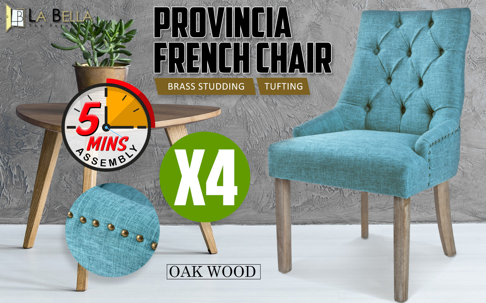 La Bella 4 Set Blue French Provincial Dining Chair Amour Oak Leg