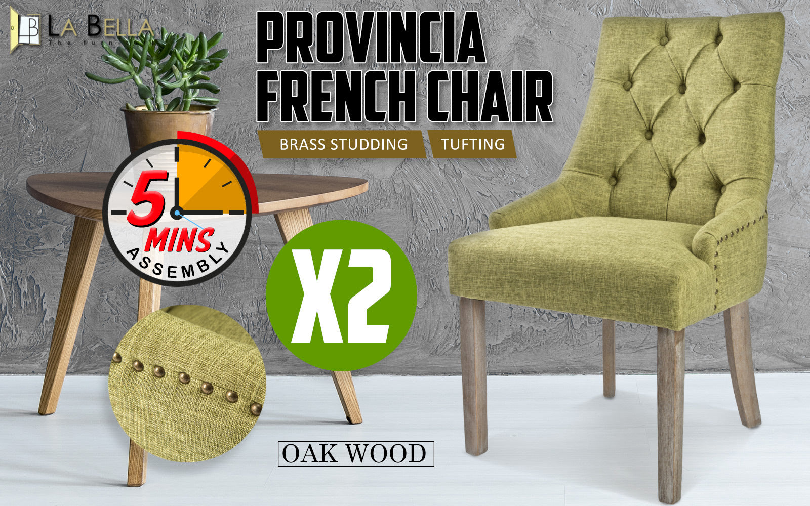 La Bella 2 Set Green French Provincial Dining Chair Amour Oak Leg