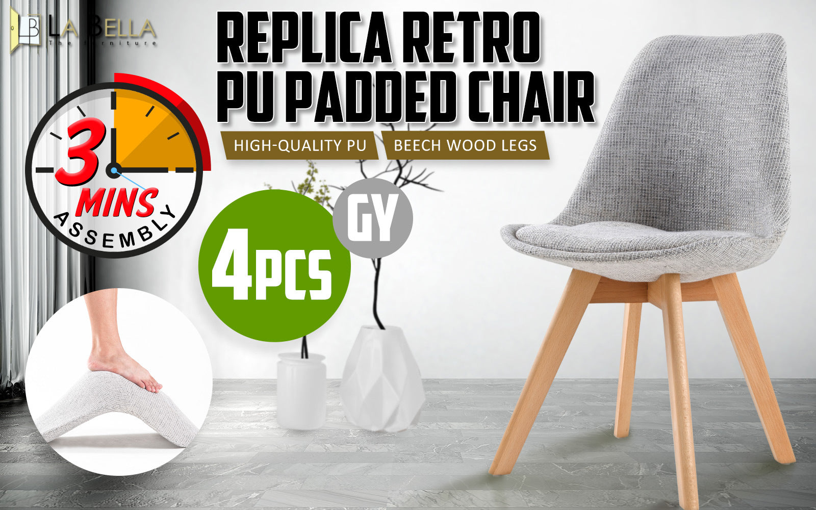 La Bella 4 Set Grey Retro Dining Cafe Chair Padded Seat