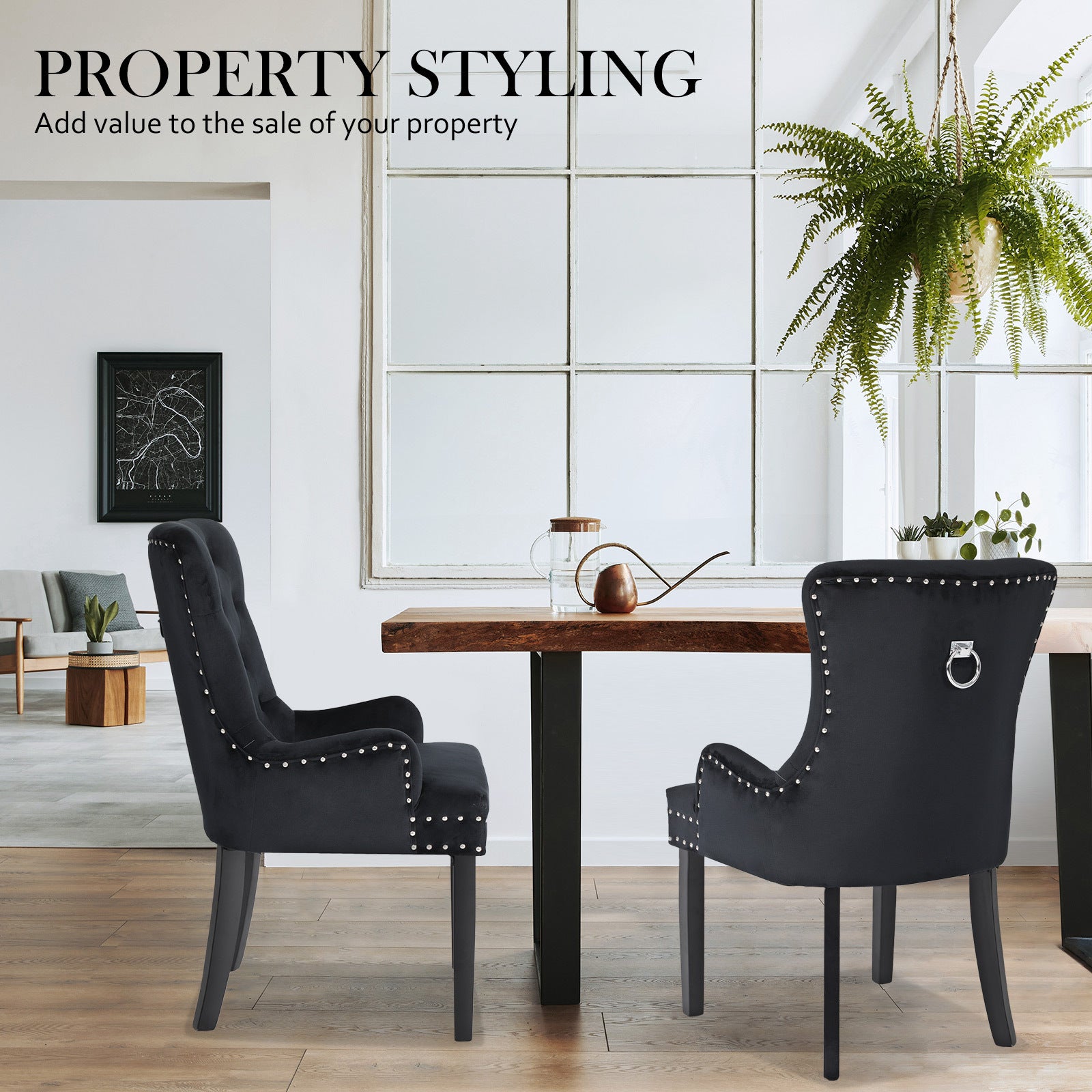 La Bella 2 Set Black French Provincial Dining Chair Ring Studded Lisse Velvet Rubberwood