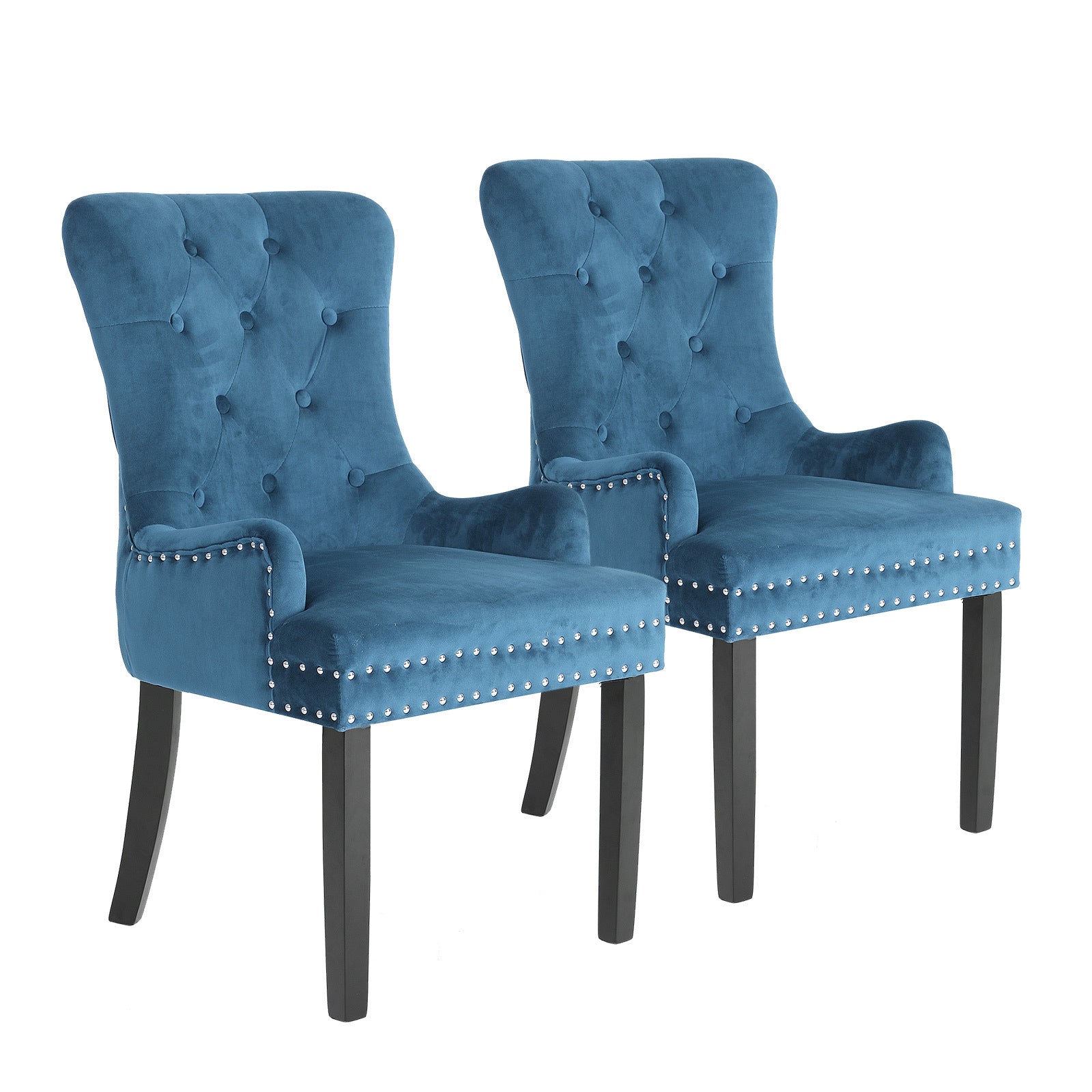 La Bella 2 Set Navy Blue French Provincial Dining Chair Ring Studded Lisse Velvet Rubberwood