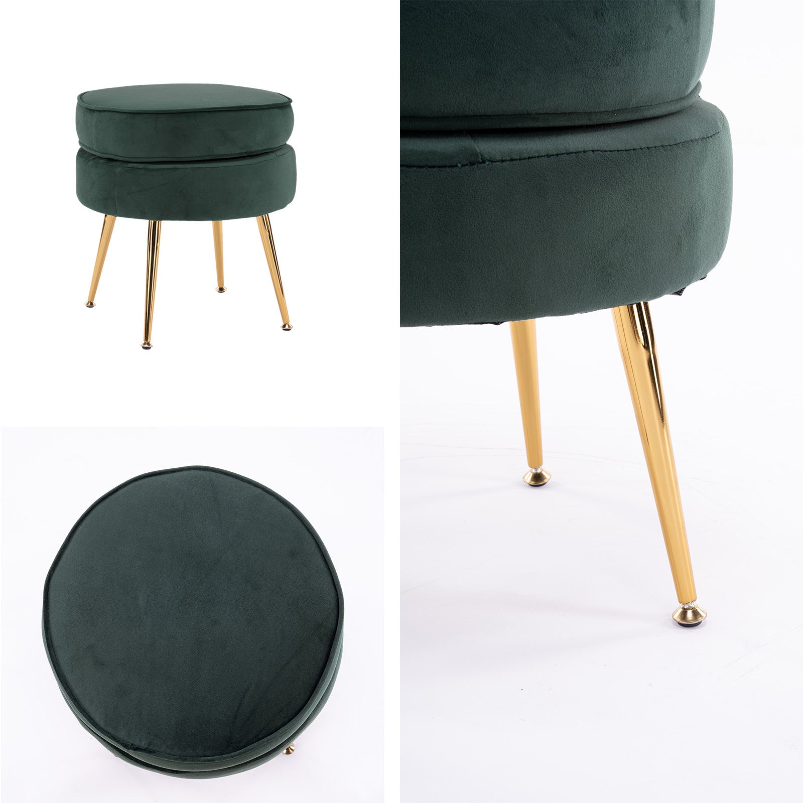 La Bella Green Round Ottoman Foot Stool Velvet Fabric Metal Leg