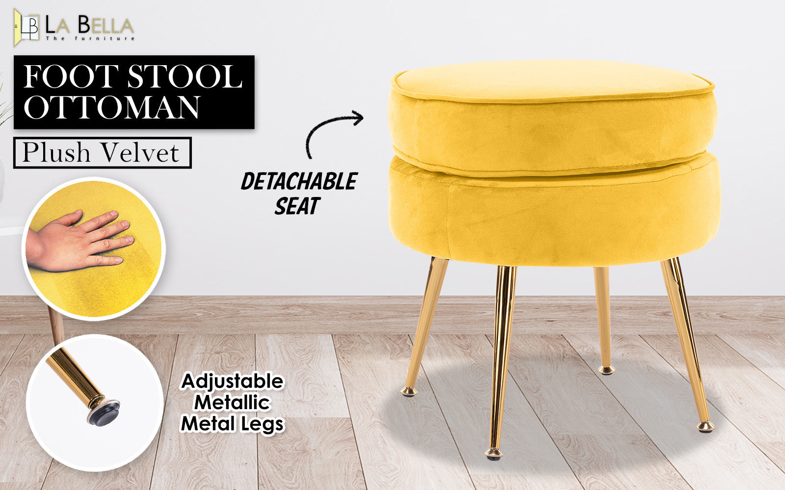 La Bella Yellow Round Ottoman Foot Stool Velvet Fabric Metal Leg