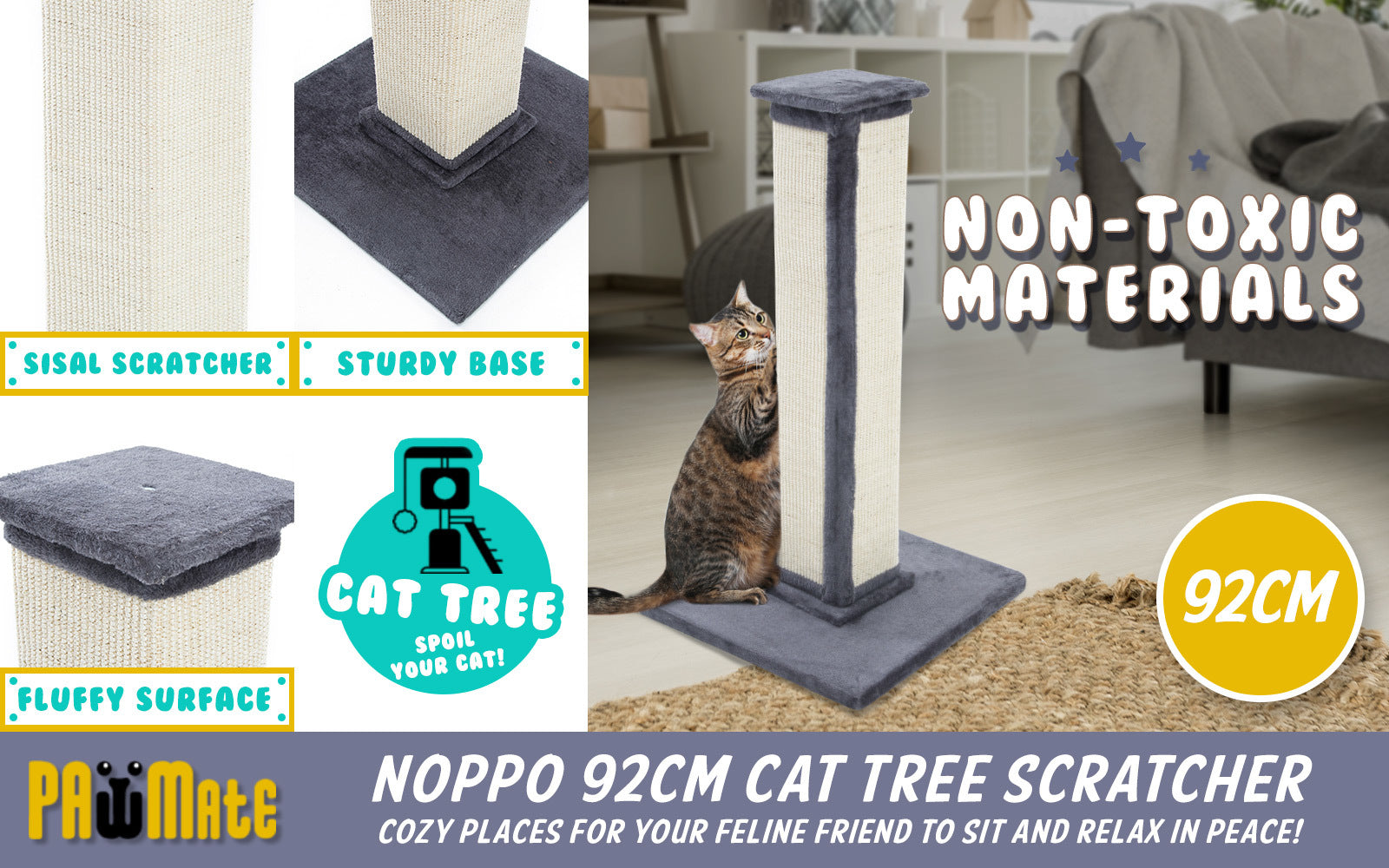 Paw Mate 92cm Grey Cat Tree Noppo Multi Level Scratcher