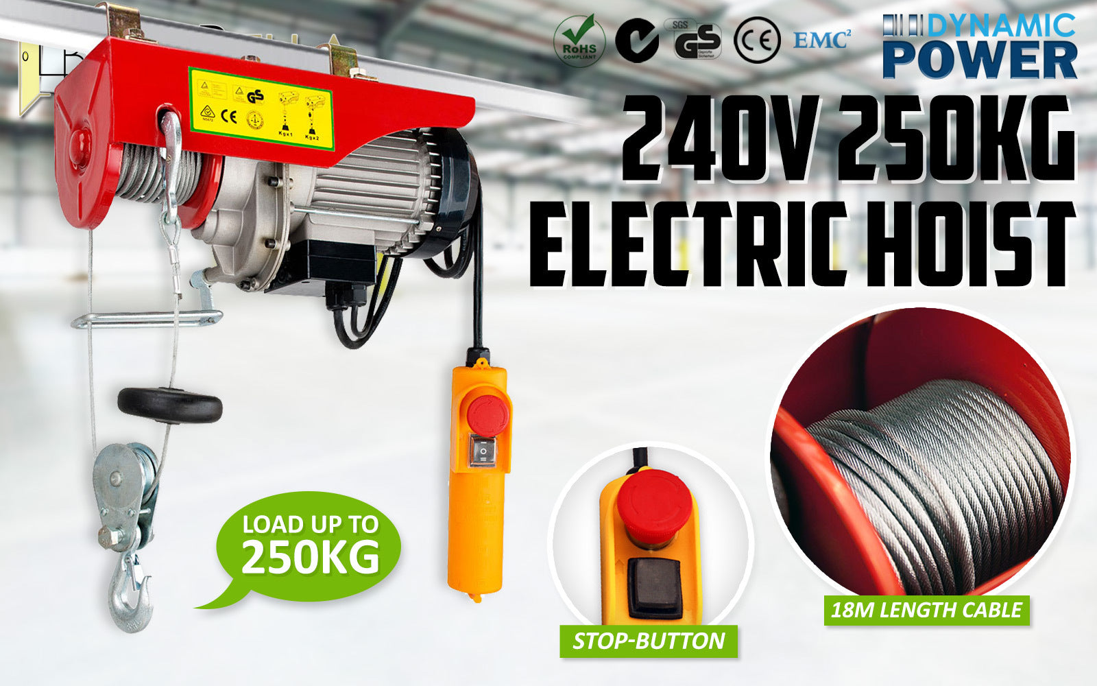 Dynamic Power Electric Hoist Remote Chain Lift 240V 510w 125/250KG