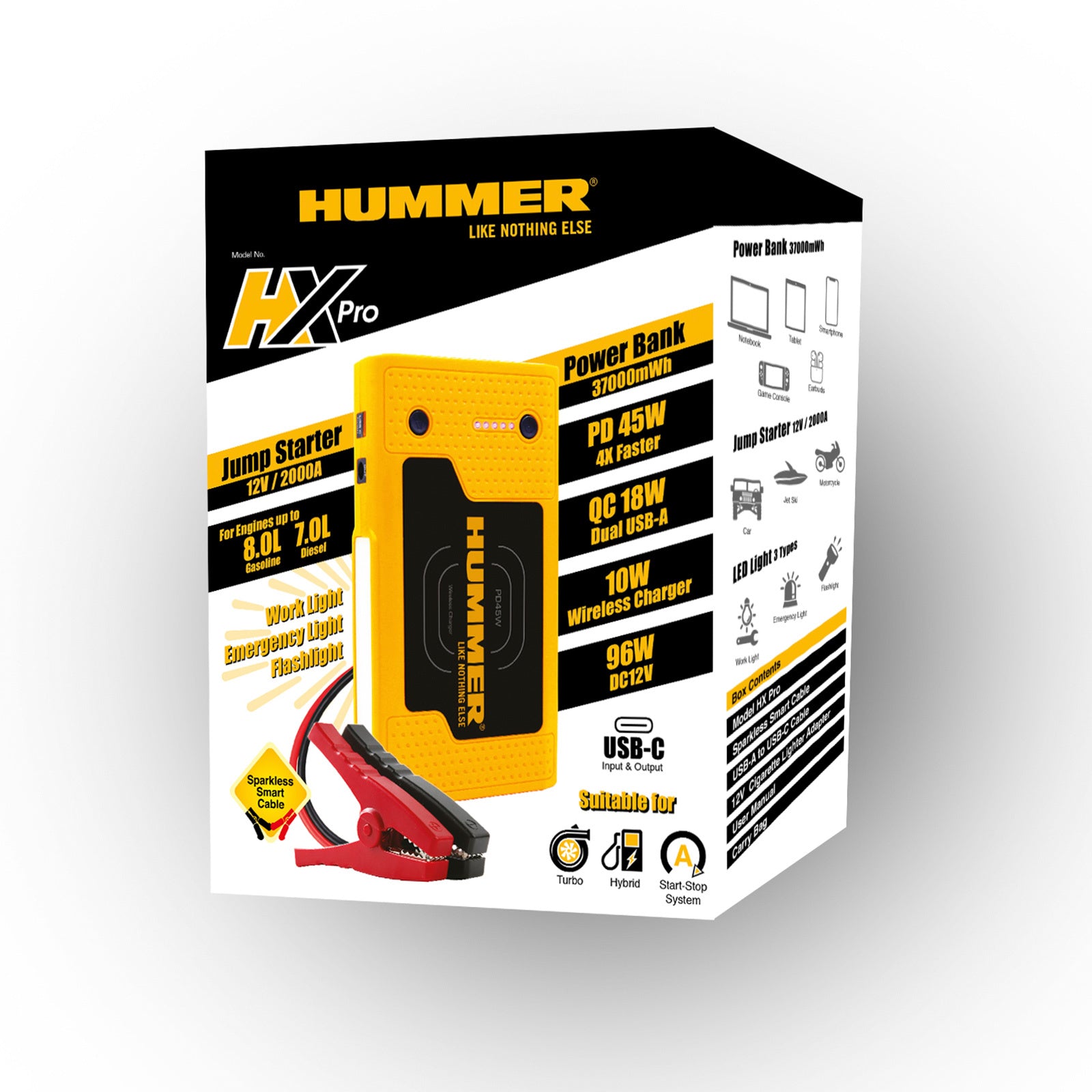 Hummer HX Pro 2000A Jump Starter Powerbank 37000mWh 12V Car Battery Charger LED