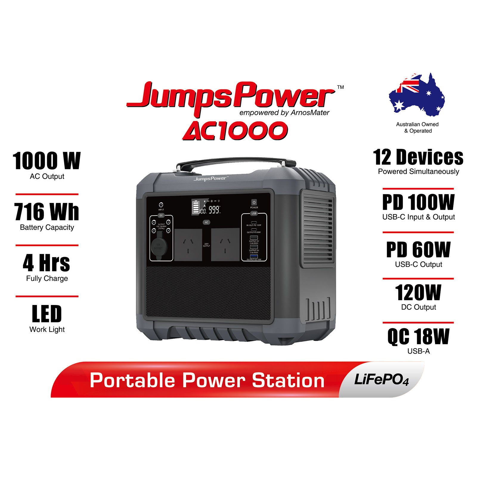 JumpsPower 1000W 716Wh Portable Power Station Charger LED Light
