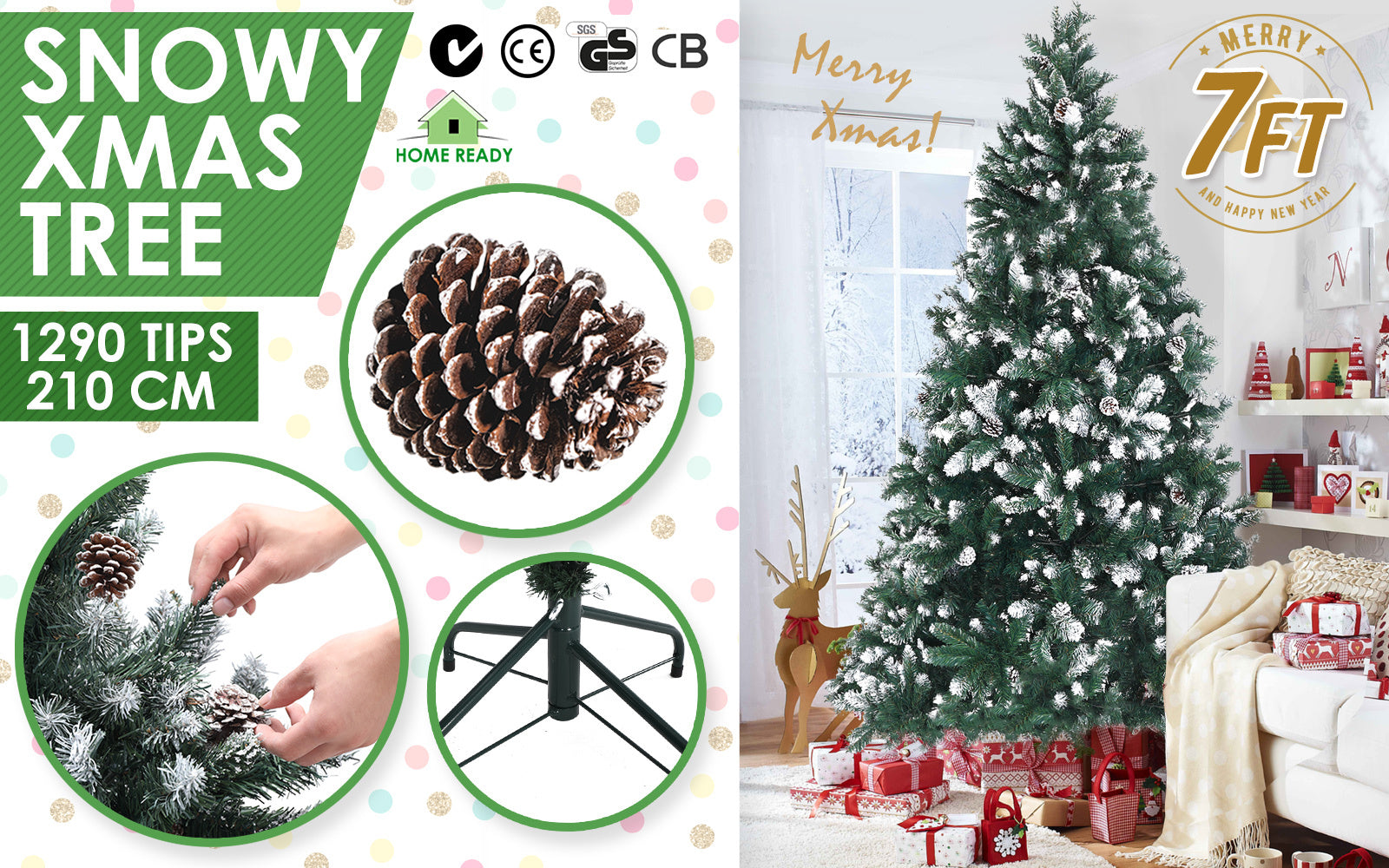 Home Ready 7Ft 210cm 1290 tips Green Snowy Christmas Tree Xmas Pine Cones