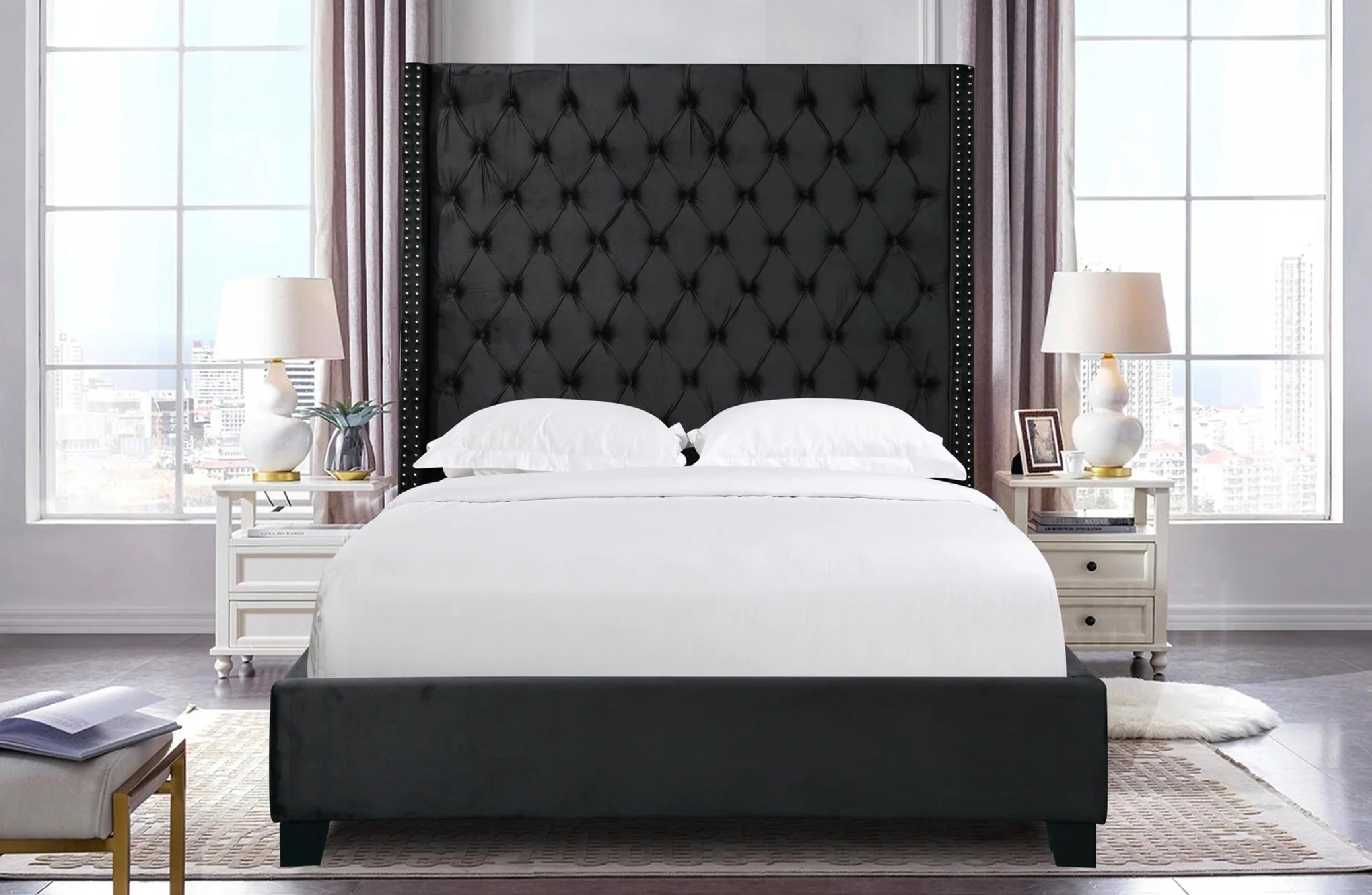 Ella Winged Bed 180cm - Queen Size - Black Velvet