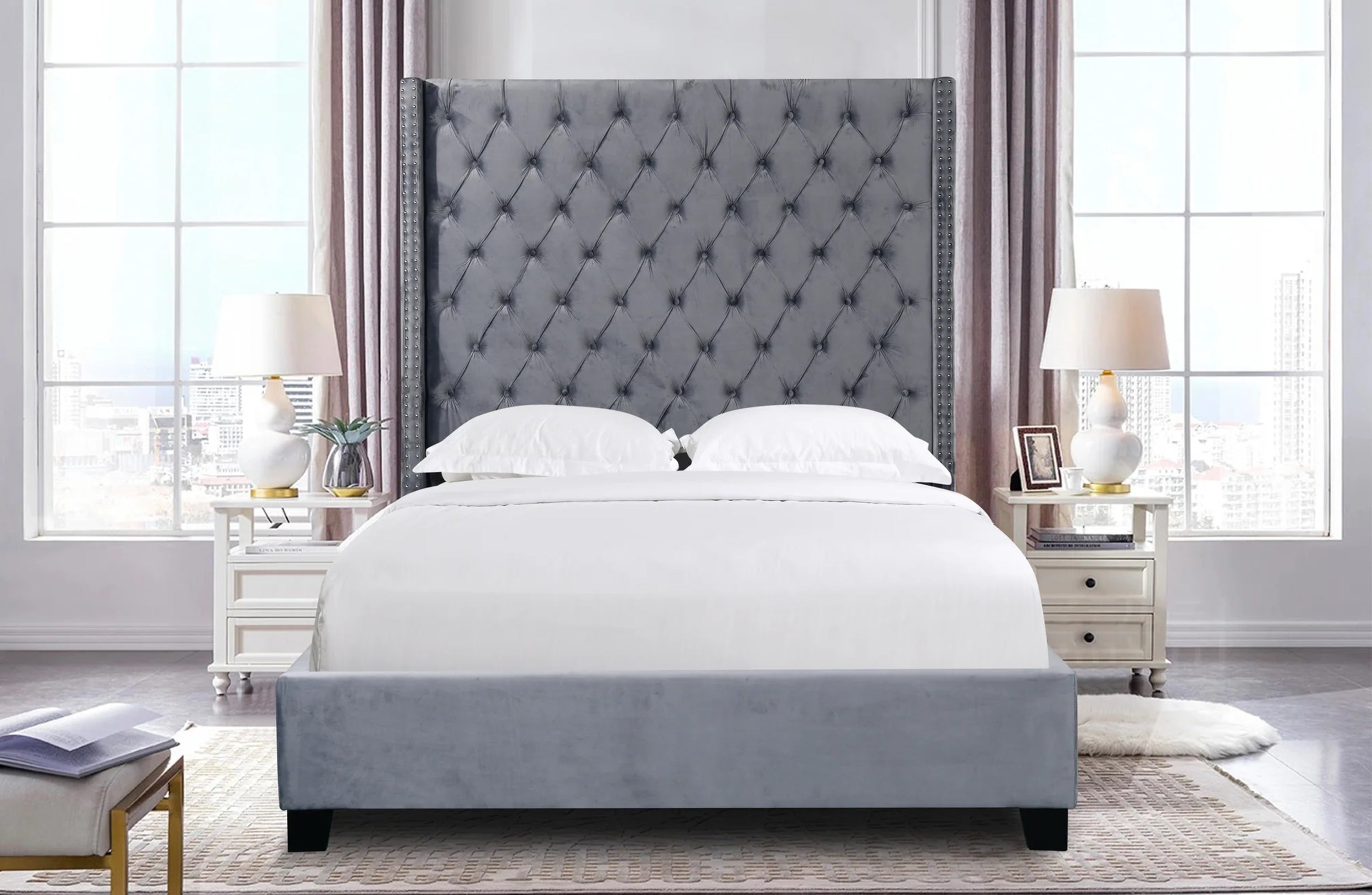 Ella Winged Bed 180cm - King Size - Grey Velvet