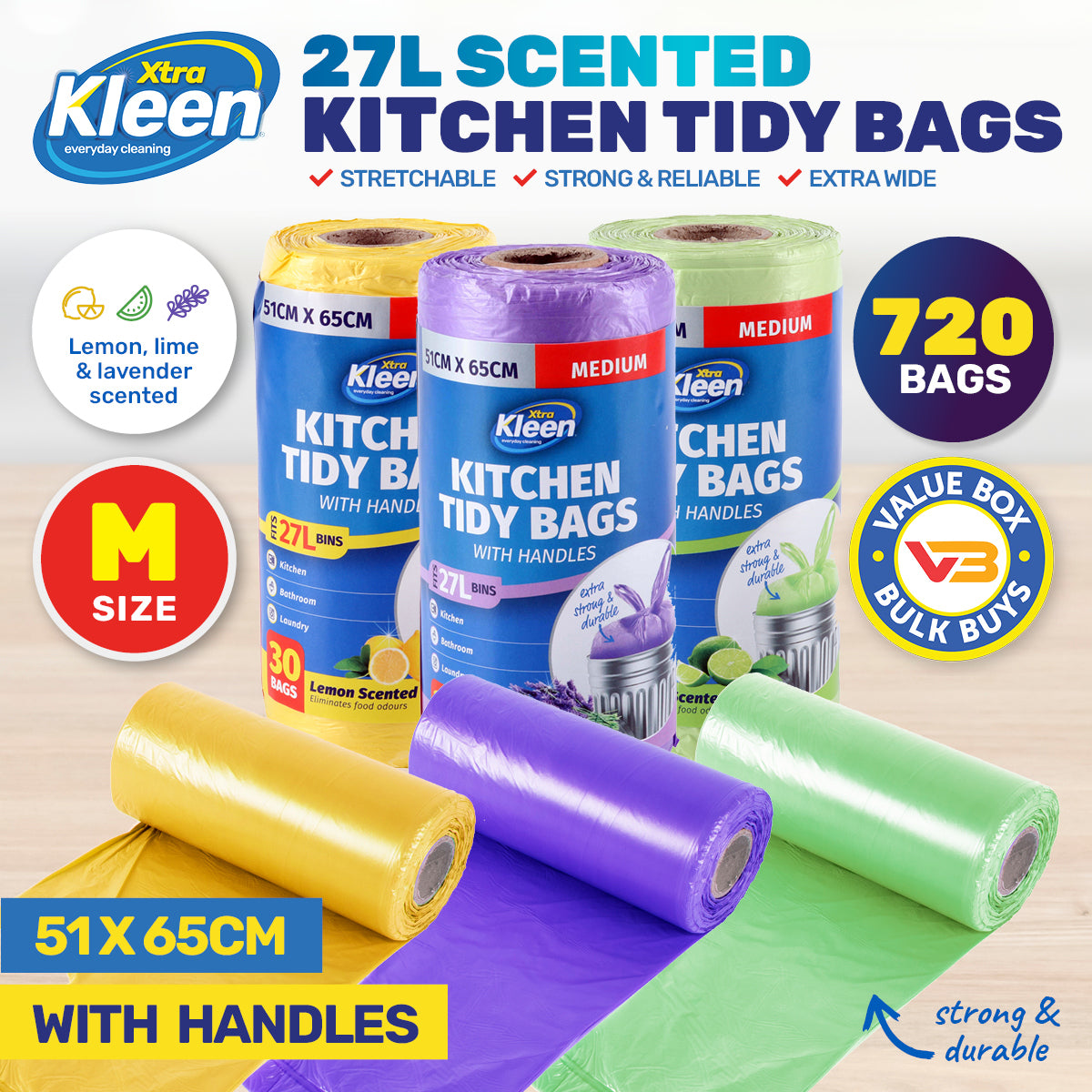 Xtra Kleen 720PCE 27L Kitchen Tidy Bags Medium Scented With Handles 51 x 65cm