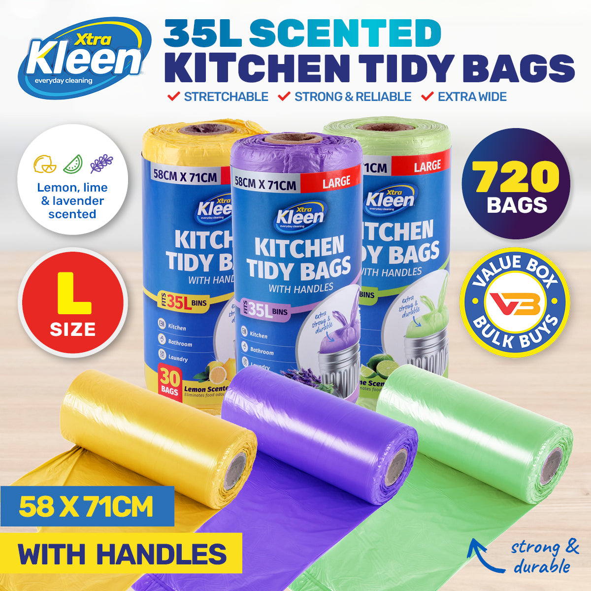 Xtra Kleen 720PCE 35L Kitchen Tidy Bags Large Scented With Handles 58 x 71cm