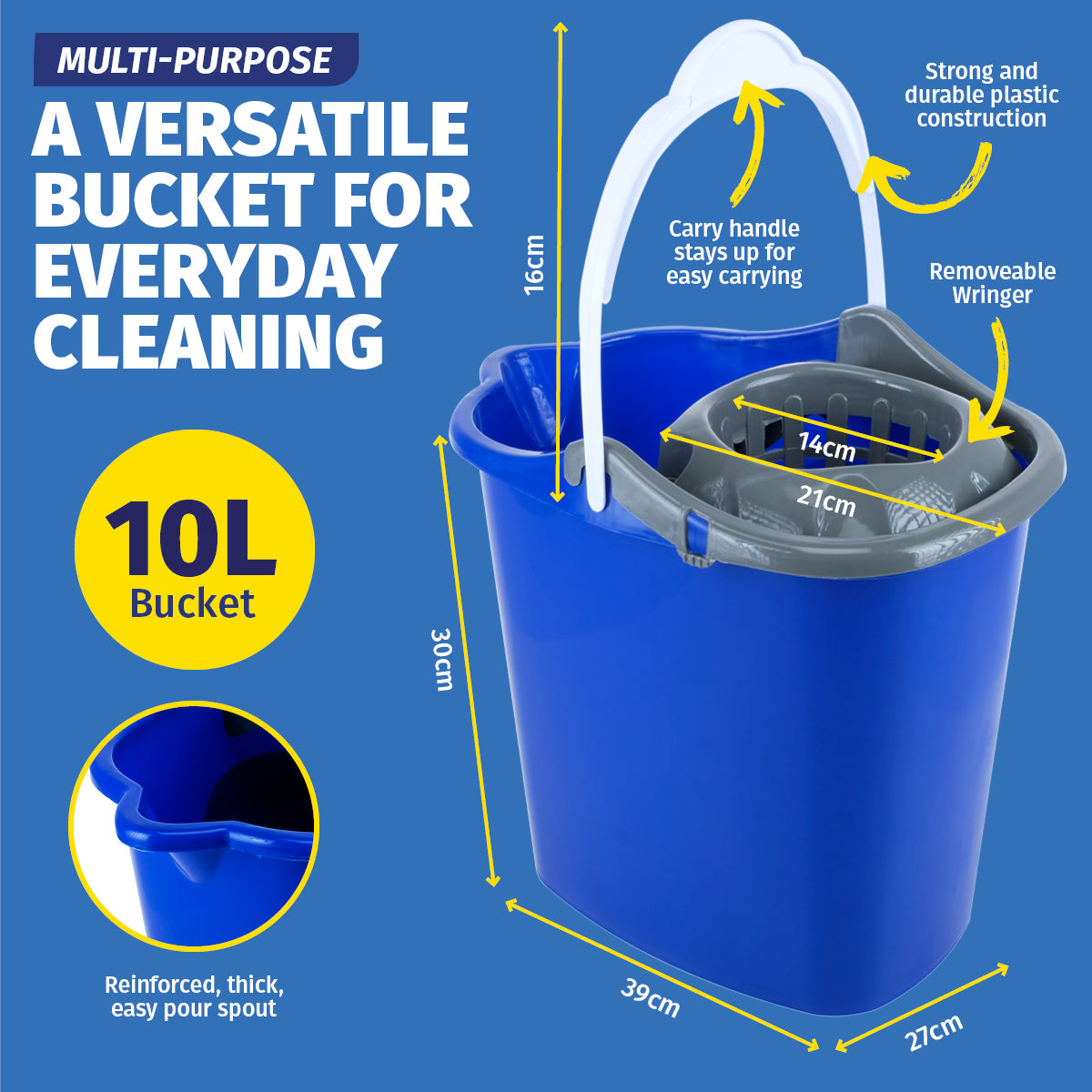 Xtra Kleen 12PCE Mop Bucket With Removable Wringer Easy Pour Spout 10L