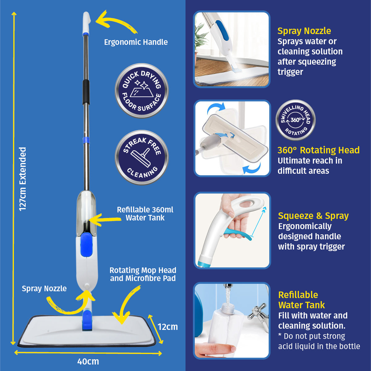 X-tra Kleen 6PCE Deluxe Swivel Head Spray Mops 12 x Bonus Microfibre Pads