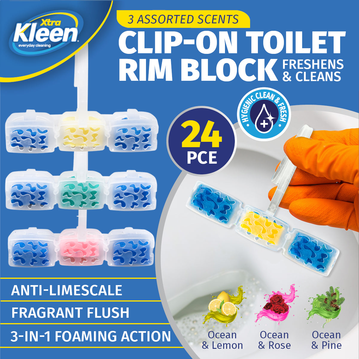 Xtra Kleen 24PCE 45g Toilet Rim Clip-On Deodoriser Foaming Assorted Scents