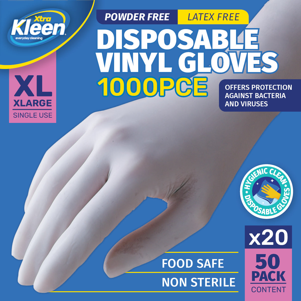 Xtra Kleen 1000PCE Disposable Gloves Latex & Powder Free Food Safe XL Sizing