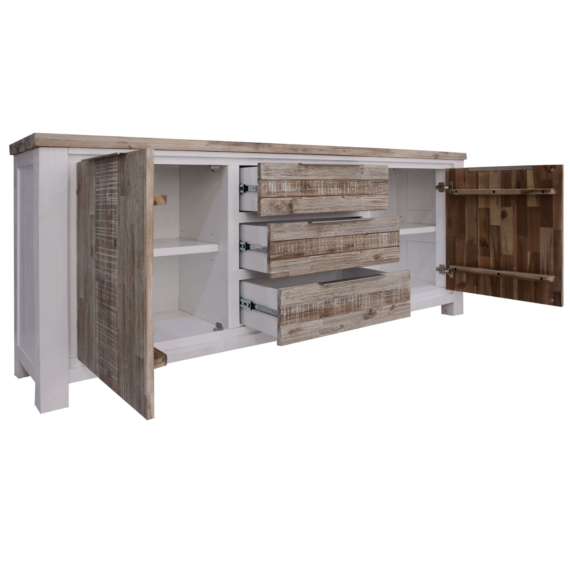 Plumeria Buffet Table 200cm 2 Door 3 Drawer Solid Acacia Timber - White Brush