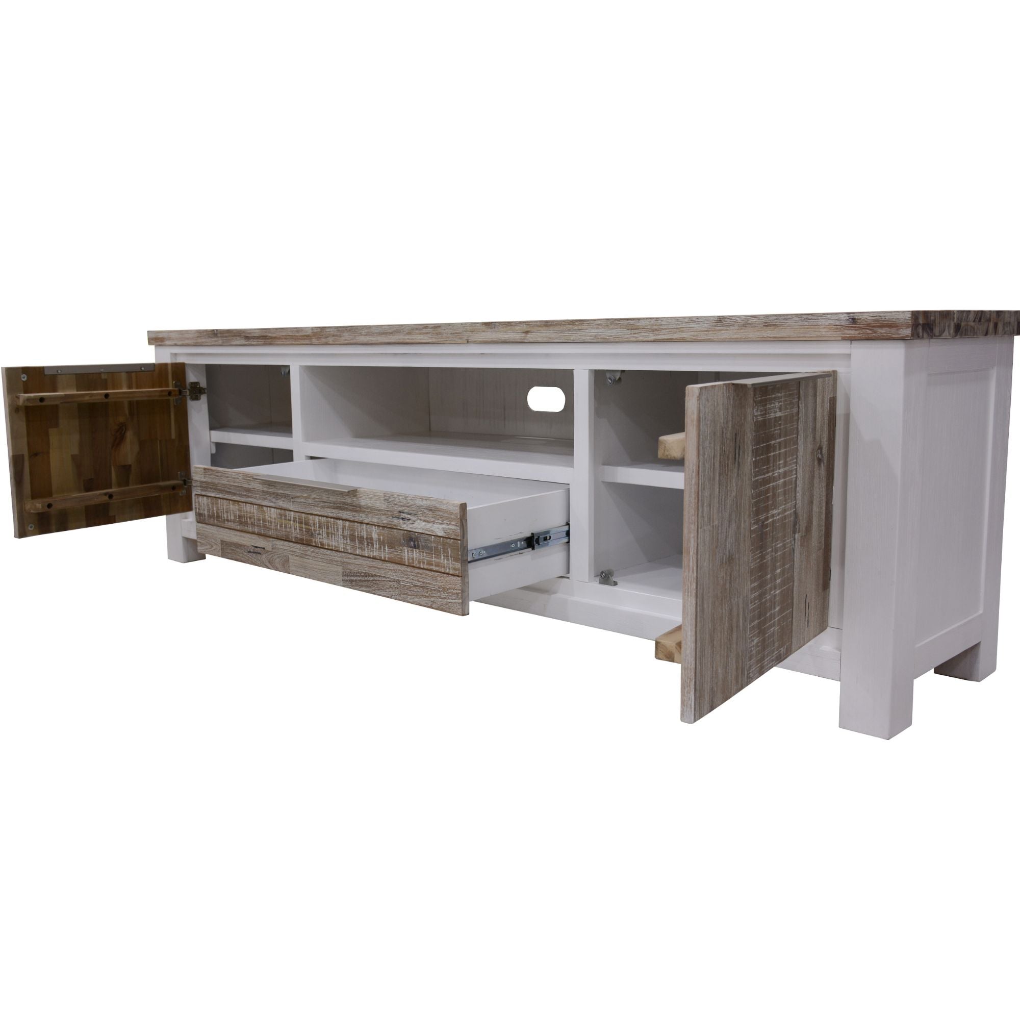 Plumeria ETU Entertainment TV Unit 210cm 2 Door Solid Acacia Timber -White Brush